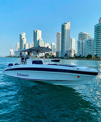 29 ft speed boat with captain in Cartagena bay before departure