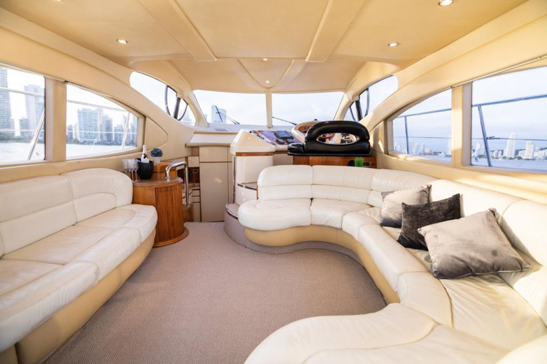 Luxury bedroom inside an Azimut yacht docked in Cartagena