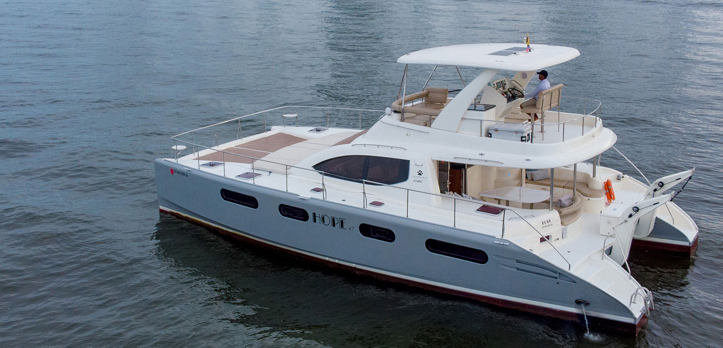 Side view of catamaran Hope docked in Cartagena, Colombia