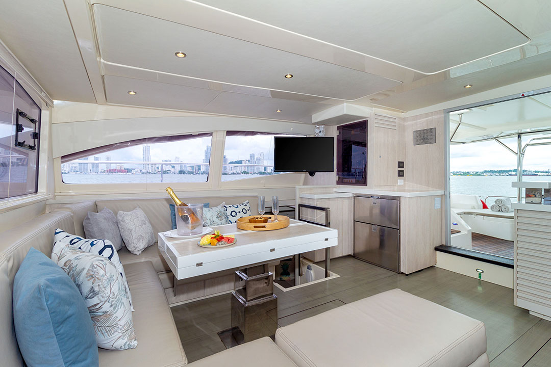 A 51-ft catamaran framed by palm trees and ocean