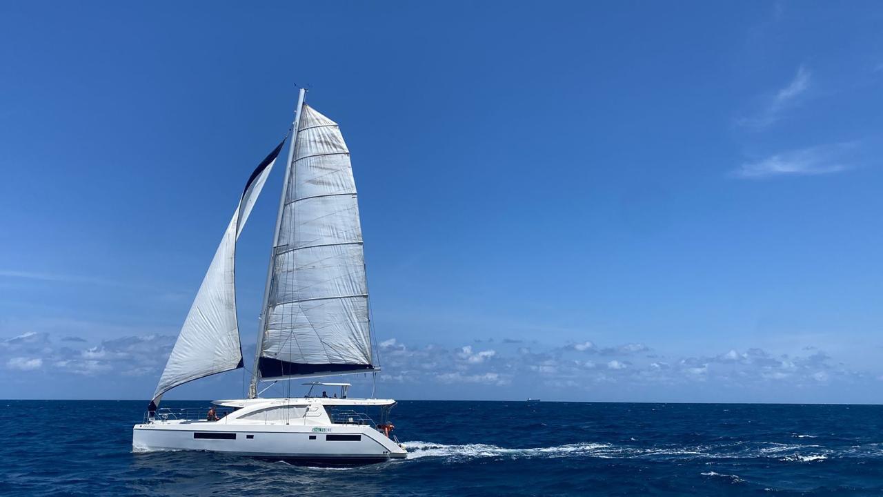 Guests lounging on the bow net of Avalon under the sun