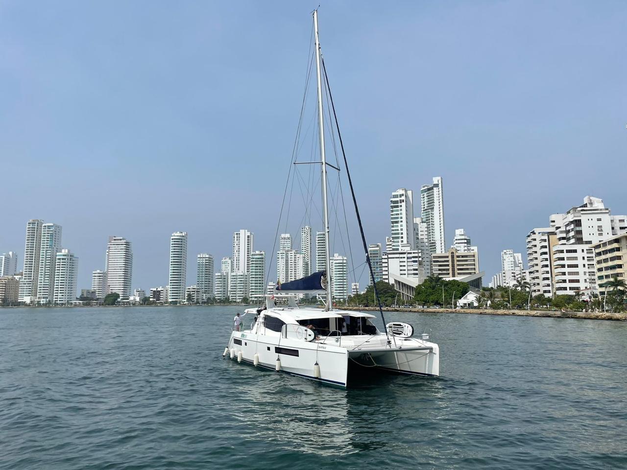 Catamaran Avalon anchored in turquoise Caribbean waters