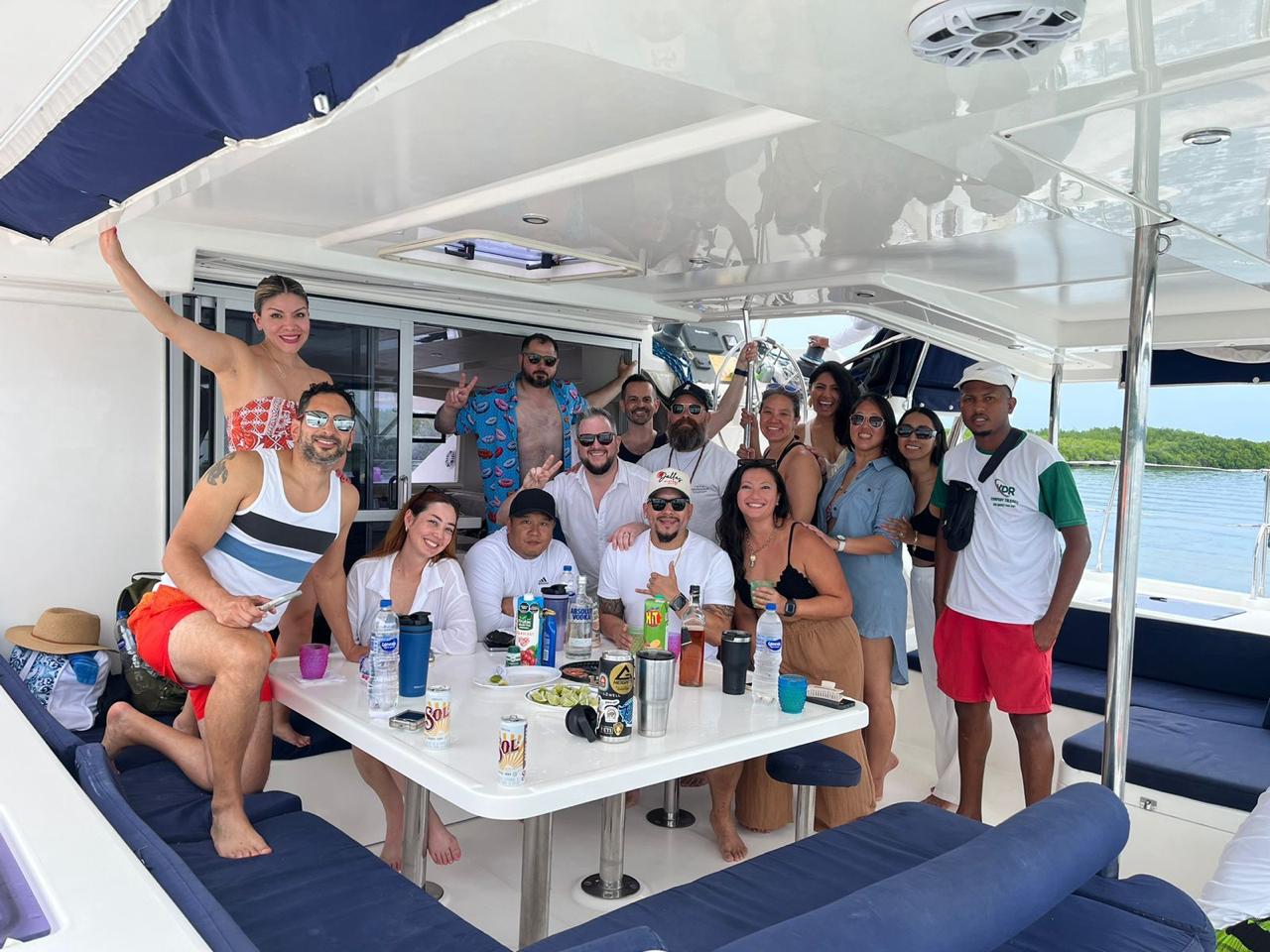 Side profile of Avalon catamaran with sleek white hulls