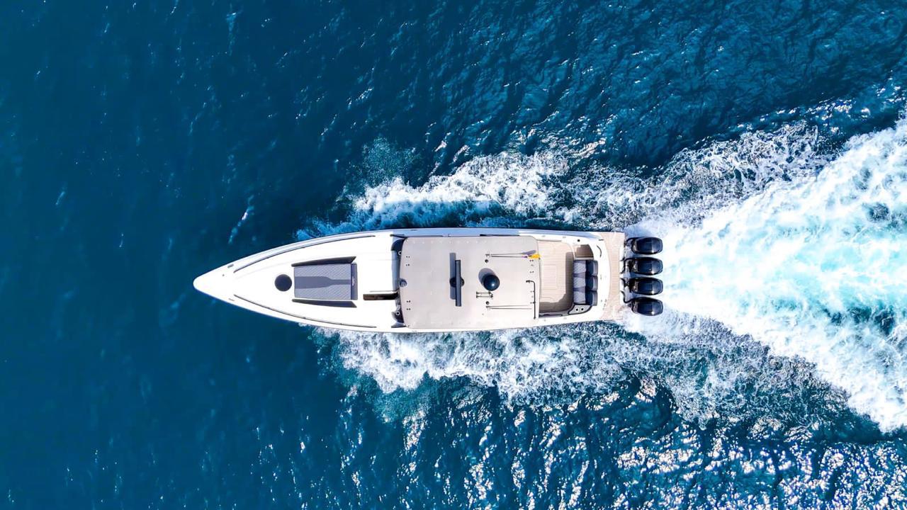 Close-up of 4 outboard engines on a mini yacht in Colombia.