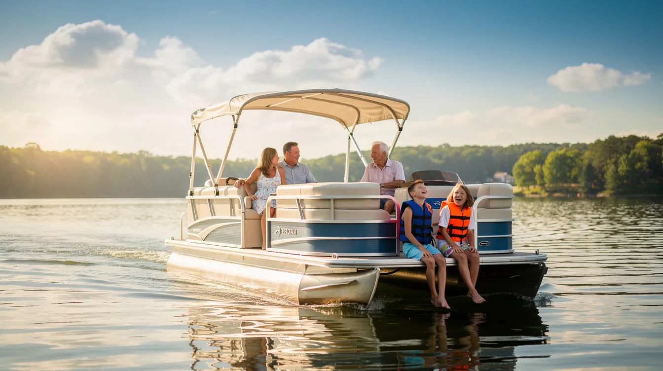 A family is enjoying a sunny day aboard a pontoon boat on a calm lake, surrounded by water and nature, creating a perfect setting for fun and adventure. This picturesque scene captures the joy of a great day spent with loved ones while exploring beautiful destinations.