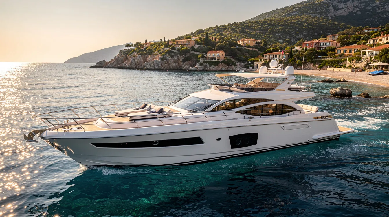 A luxurious yacht glides smoothly through the clear blue waters of a Mediterranean coastline, with stunning views of the shoreline and gentle waves. This image captures the essence of adventure and relaxation, perfect for family outings or yacht charters in beautiful locations.