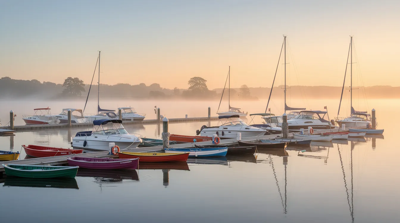 The image depicts a serene marina on a clear morning, showcasing a variety of rental boats docked neatly, perfect for families and friends looking to enjoy a day of adventure on the water. With options for electric boats and yacht charters, this boat rental service offers a fun and comfortable experience for all ages.