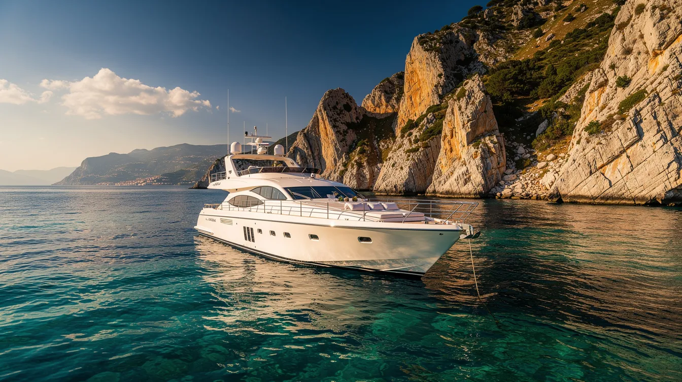 A luxury yacht is anchored in the clear blue waters of the Mediterranean, with dramatic cliffs rising in the background, creating a stunning backdrop for potential yacht charters and private events. The scene evokes a sense of relaxation and adventure, perfect for a vacation or a group outing on the water.