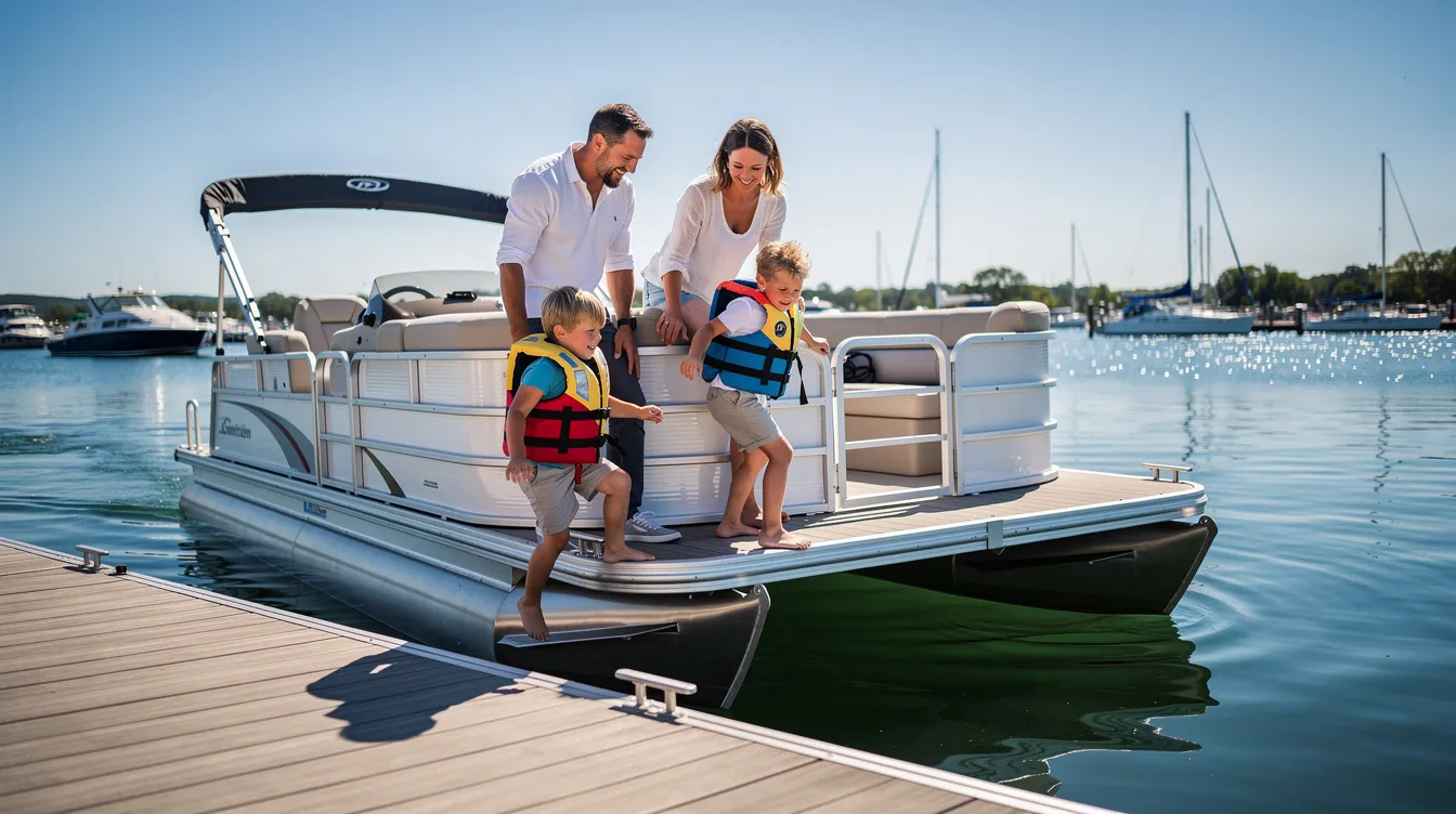 A family is joyfully boarding a white pontoon boat at a sunny marina dock, ready for a perfect trip on the water. The scene captures a special moment filled with excitement as they prepare for an unforgettable sailing experience.