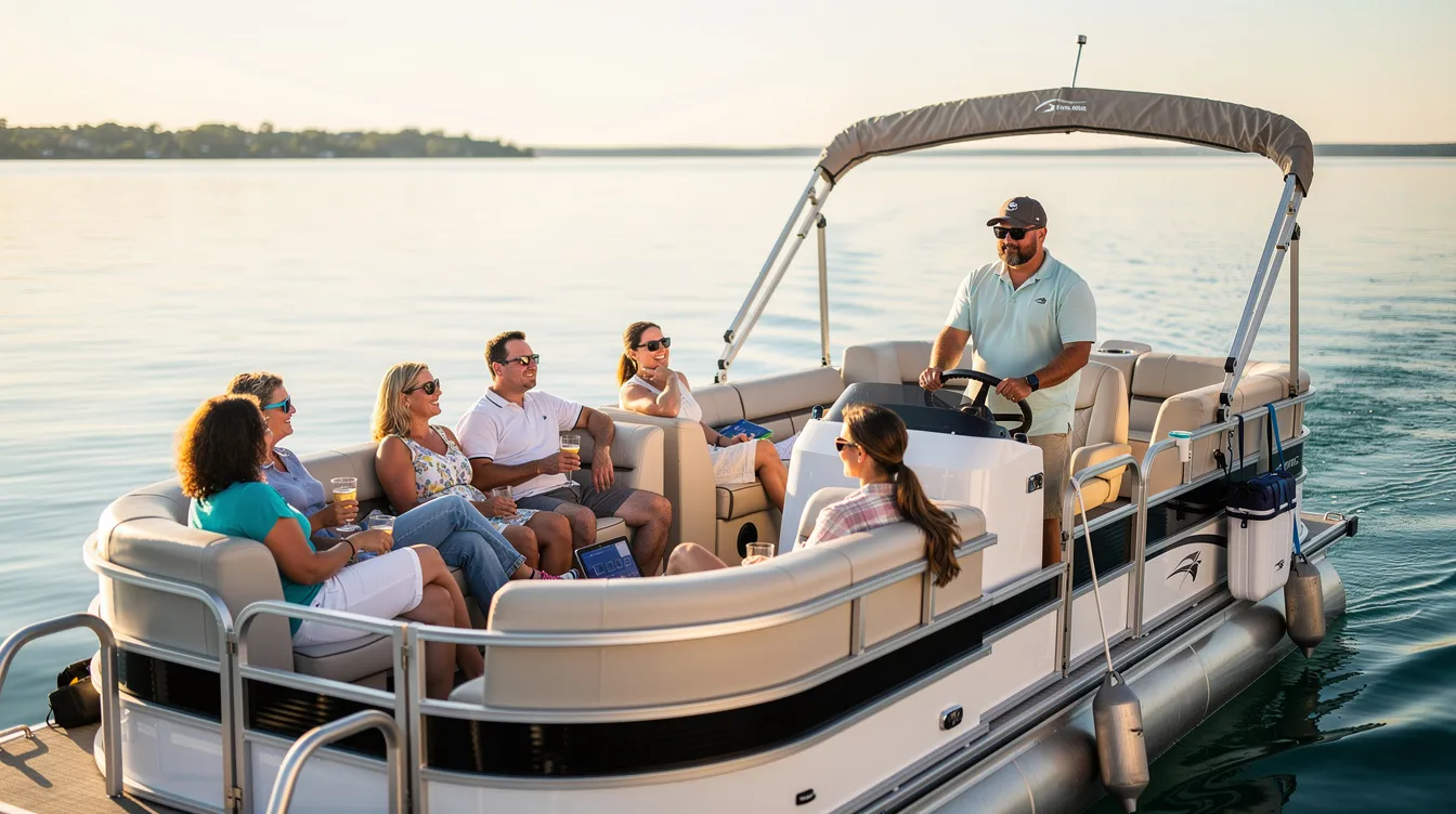 A group of guests enjoys quality time on the deck of a pontoon boat, relaxing as a USCG licensed captain navigates through calm blue waters, creating a perfect trip for their unforgettable sailing experience. The serene atmosphere is ideal for a sunset cruise or a corporate event, offering a unique opportunity to connect with friends and family.