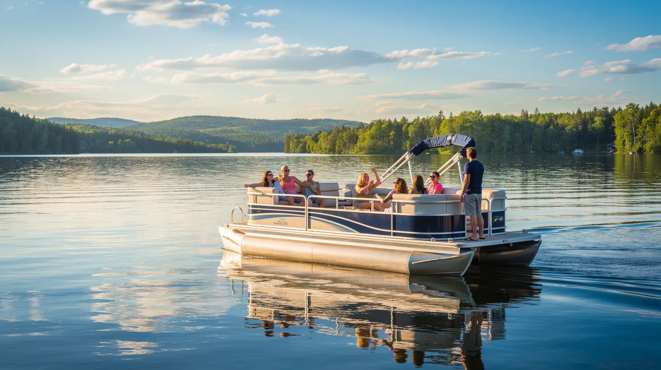 A pontoon boat is gently floating on calm lake water, with passengers enjoying the sunny weather, creating a fun atmosphere perfect for a party or a sunset cruise. The scene captures friends and family sharing an amazing experience together, making it a great day on the water.