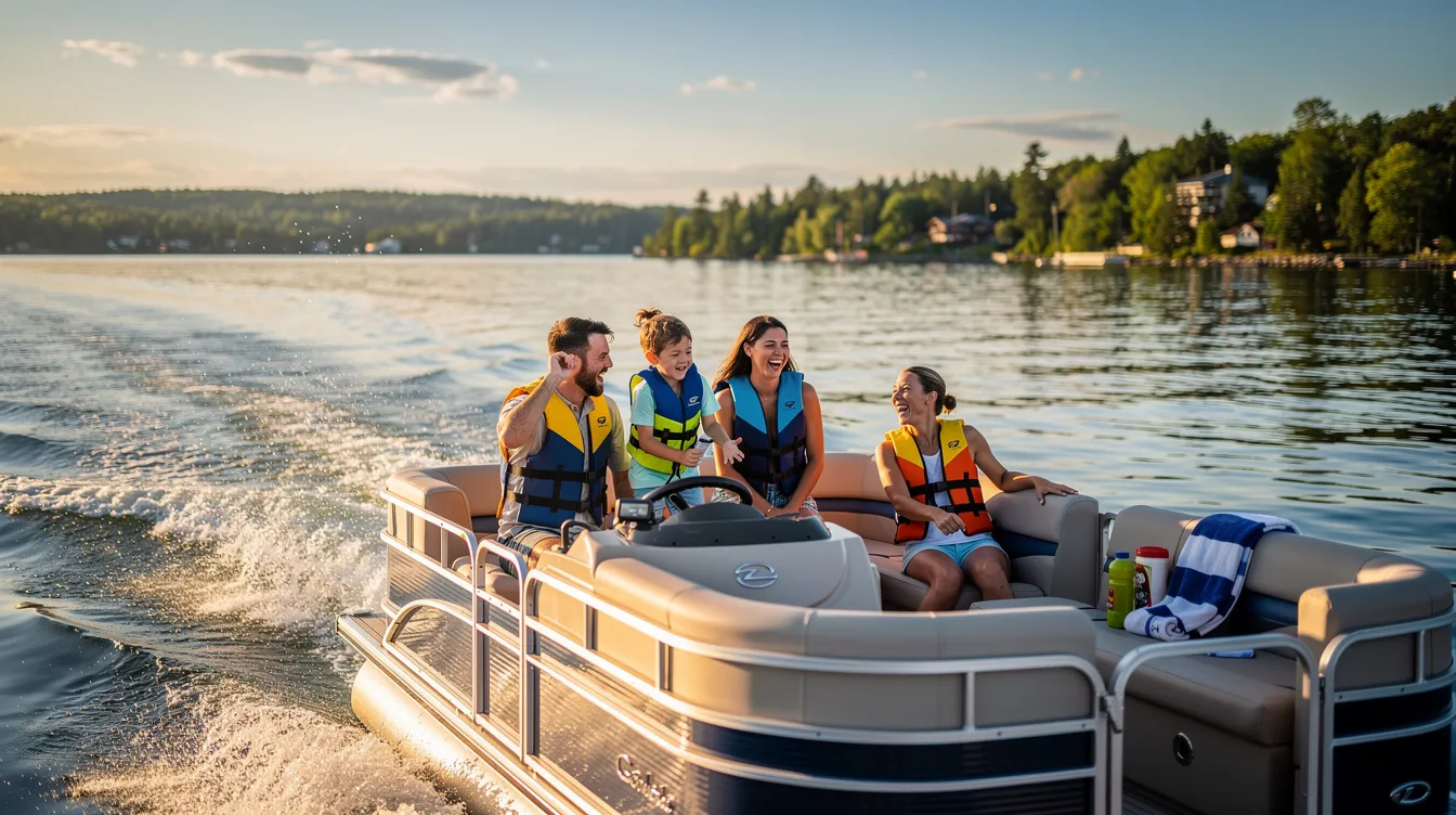 A happy family is cruising on a pontoon boat under the warm sun, enjoying their perfect day on the water. They are wearing life jackets and smiling as they embark on an adventure, showcasing the joy of boat rentals for a fun-filled summer outing.