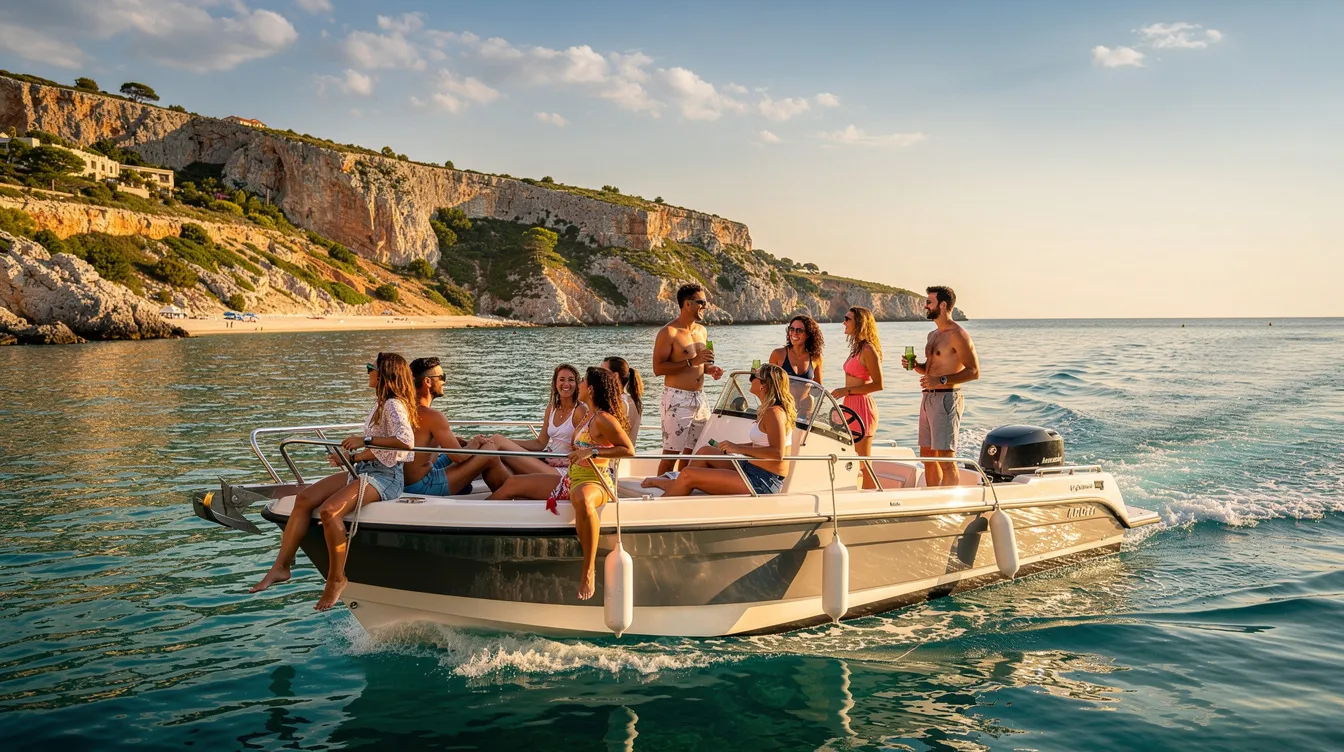 A small private boat, filled with friends, cruises along a sunny coastline, enjoying the beautiful weather and scenic views. This relaxing trip offers a perfect opportunity for group events or special occasions on the water.