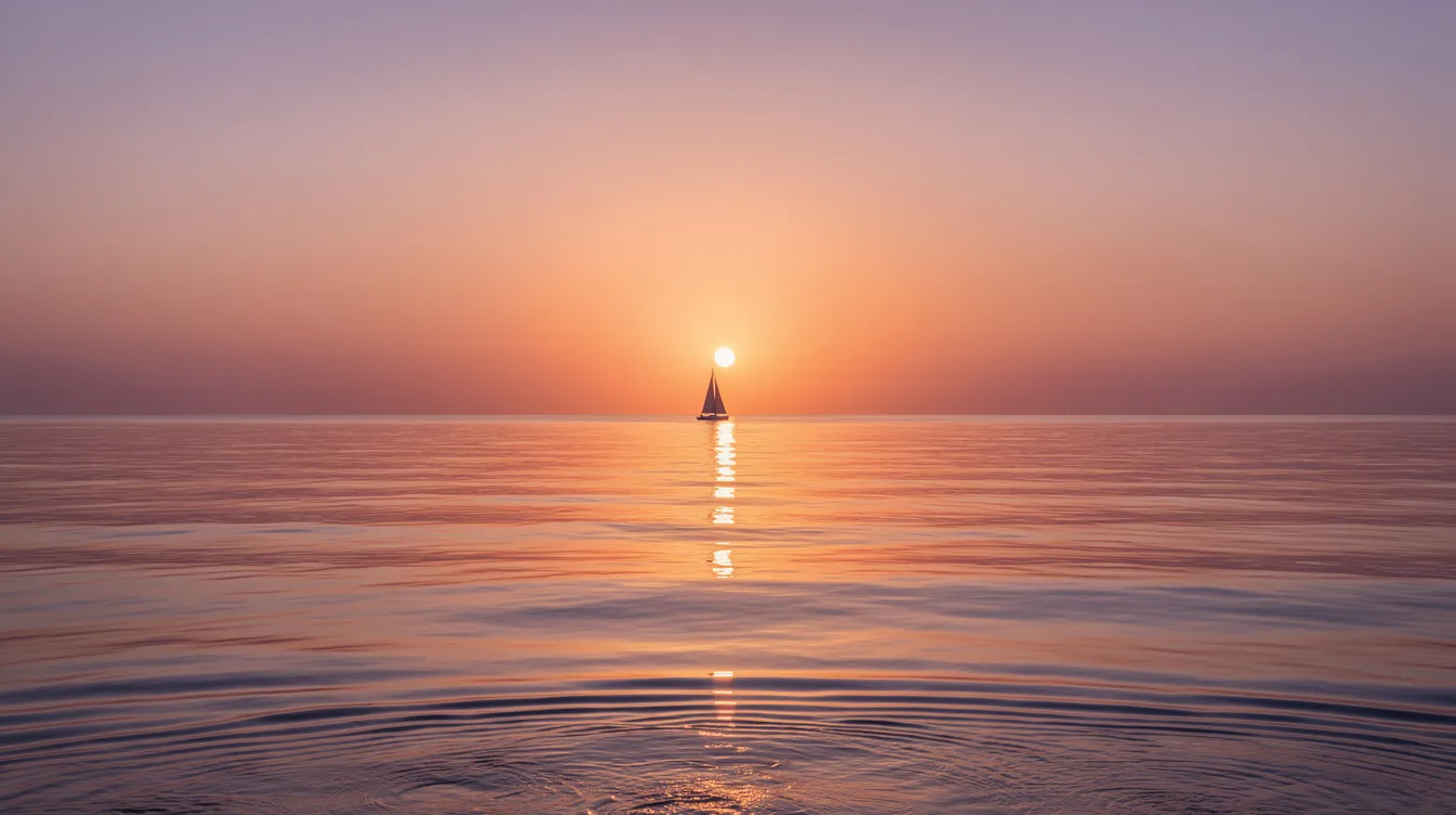 A serene sunset casts vibrant hues over calm ocean waters, with a silhouette of a sailboat in the distance, creating a perfect backdrop for a sunset cruise or private charter experience. This peaceful scene invites you to imagine unforgettable moments spent with friends or family on a sailing adventure.