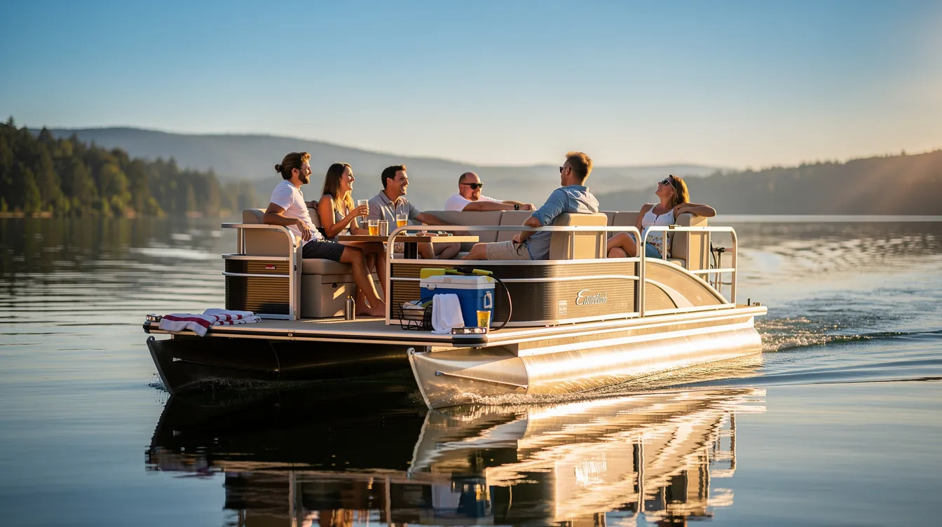 A pontoon boat is floating on a calm lake, with passengers relaxing and enjoying the sunshine during a family outing. This scene captures the essence of adventure and fun, perfect for those looking for boat rentals at great prices.