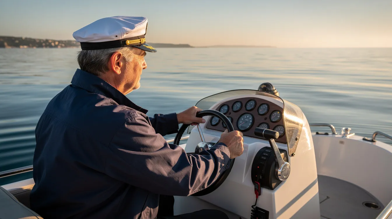 A professional captain skillfully steers a luxury yacht from the helm, navigating through calm blue waters under a clear sky. The serene setting is perfect for private boat rentals, offering an ideal backdrop for group events or relaxing vacations.