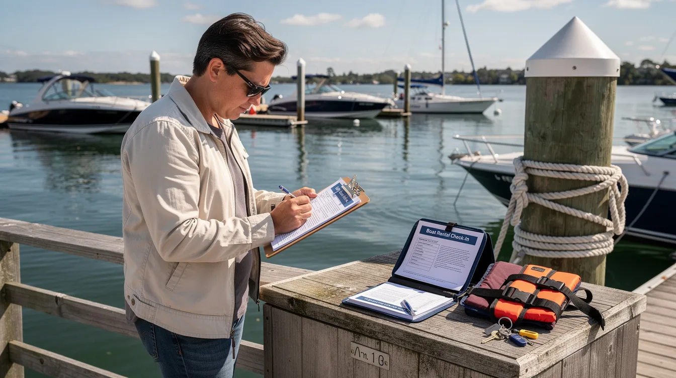 A person stands at a marina dock, focused on completing the check-in paperwork for boat rentals, preparing for an exciting day on the water. The scene captures the anticipation of a fun adventure ahead, as they get ready to explore various destinations with friends or family.