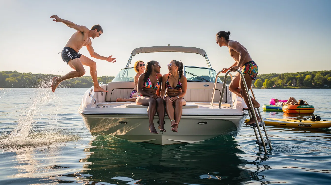 A group of friends is having a great time on a deck boat, enjoying various water activities under the sun. They are surrounded by sparkling water, creating an atmosphere of adventure and fun, perfect for a day of boat rentals and exploration.