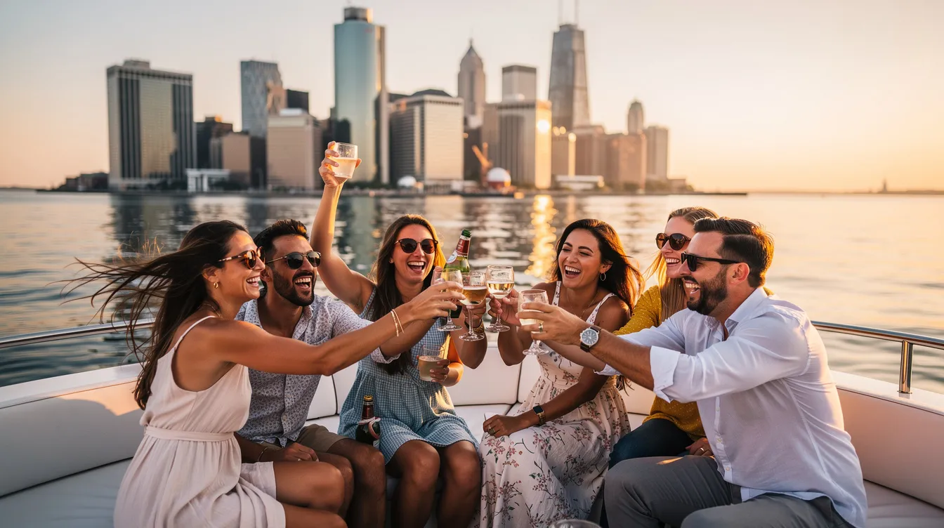 A group of friends is joyfully celebrating on a boat deck, with a stunning city skyline illuminated by the sunset in the background. This vibrant scene captures the essence of a party boat experience, making it the perfect setting for a memorable event or cruise.