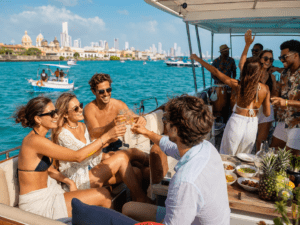 Touristes français trinquant sur un party boat à Cartagena en Colombie avec vue sur la mer des Caraïbes et la ville coloniale
