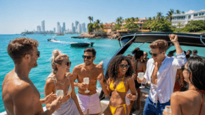 Deutsche Reisende feiern auf einem Partyboot in Cartagena Kolumbien mit internationaler Gruppe auf türkisblauem Karibikwasser