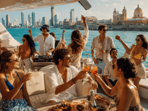 Turisti italiani brindano e ballano su uno yacht party a Cartagena con vista sulla città coloniale e sul mare dei Caraibi