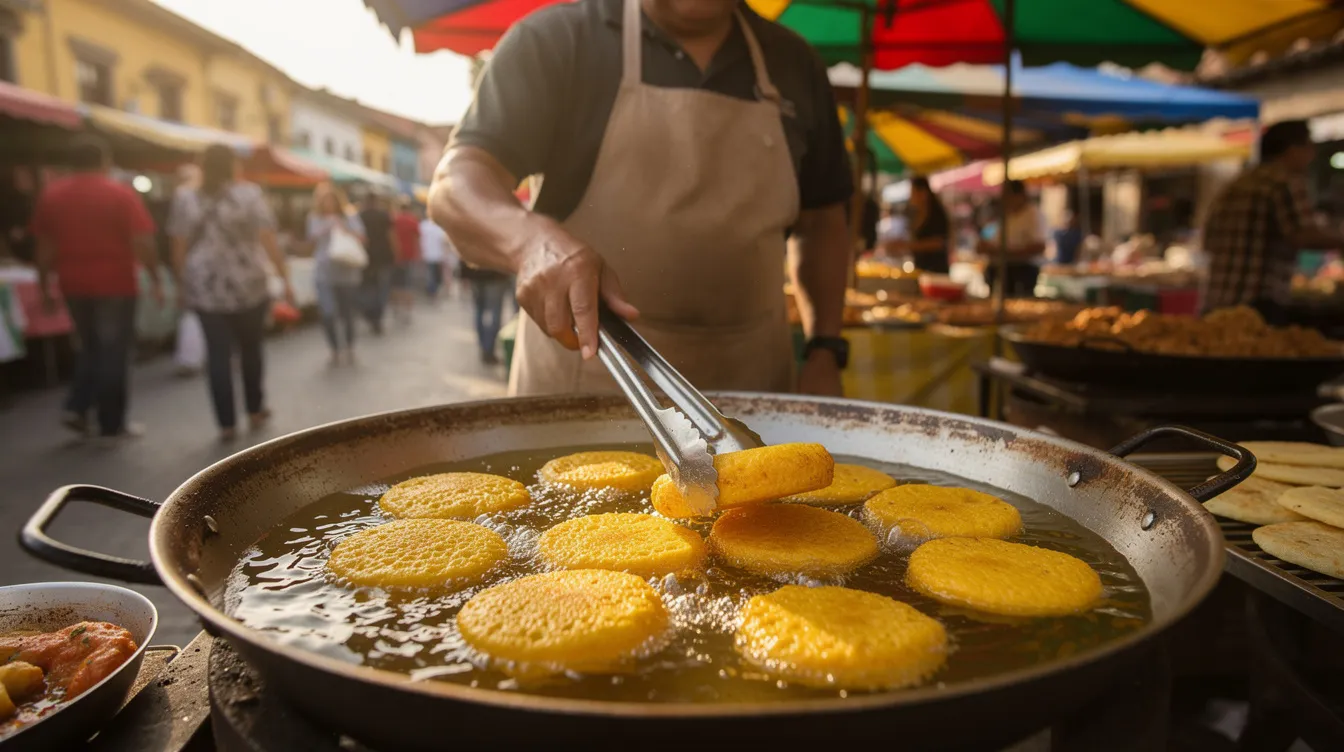 A vendor is frying golden arepas de huevo in a large pan of oil at a bustling outdoor food stall, surrounded by the vibrant atmosphere of Cartagena de Indias. The scene captures the essence of local life and street food culture, perfect for those visiting Colombia's Caribbean coast.