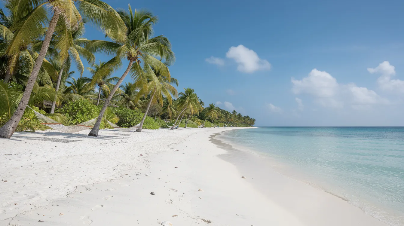 A serene tropical beach features soft white sand and swaying palm trees, with cozy hammocks strung between them, inviting relaxation. The calm turquoise water glistens under the sun, making it an ideal spot to spend a day exploring the beauty of the Rosario Islands in Colombia.