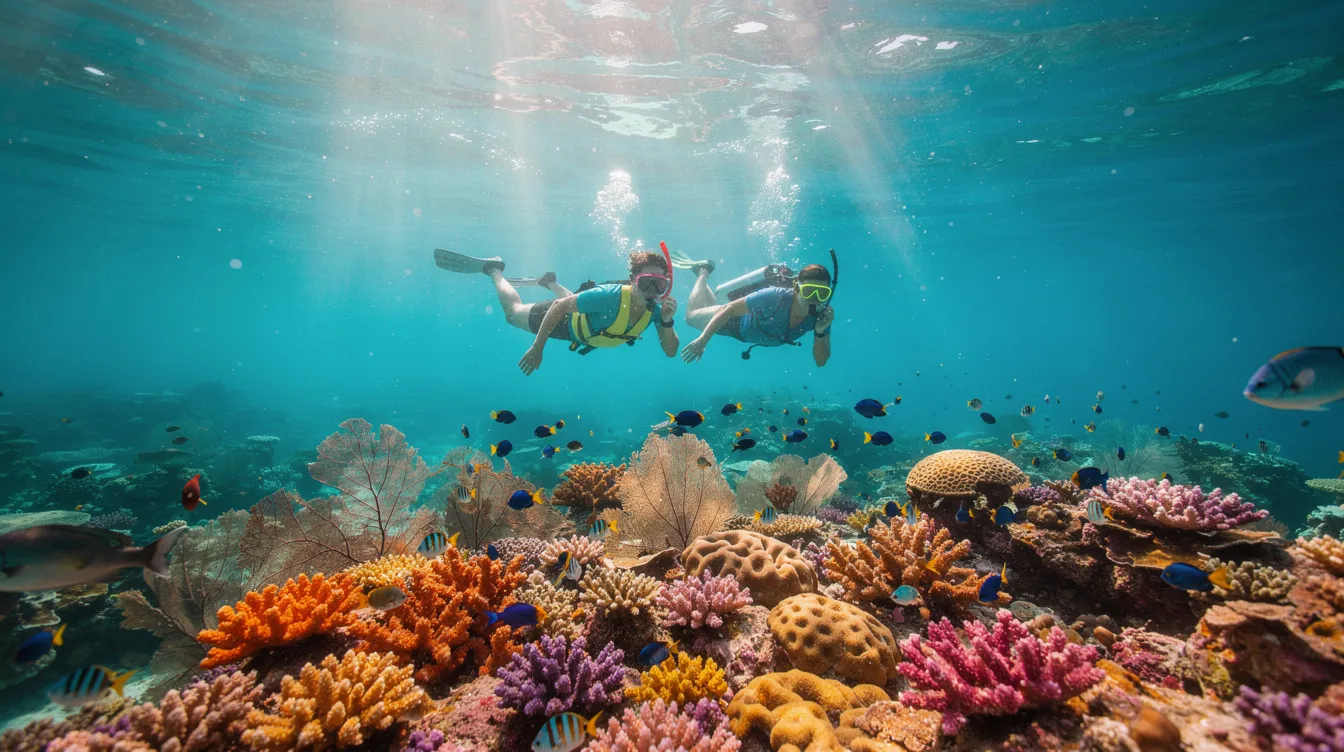 A vibrant scene depicts snorkelers exploring the clear turquoise waters above a colorful coral reef, showcasing the rich marine life of the Rosario Islands. This serene environment invites visitors to relax and enjoy the beauty of Colombia's archipelago while discovering the underwater wonders.