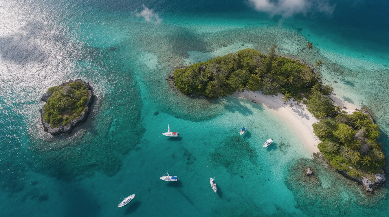 An aerial view showcases small tropical Caribbean islands, surrounded by vibrant turquoise water, with boats anchored near the shore. This picturesque scene invites you to explore the beaches and enjoy activities like snorkeling, making it a perfect destination for relaxation and adventure in the Rosario Islands archipelago.