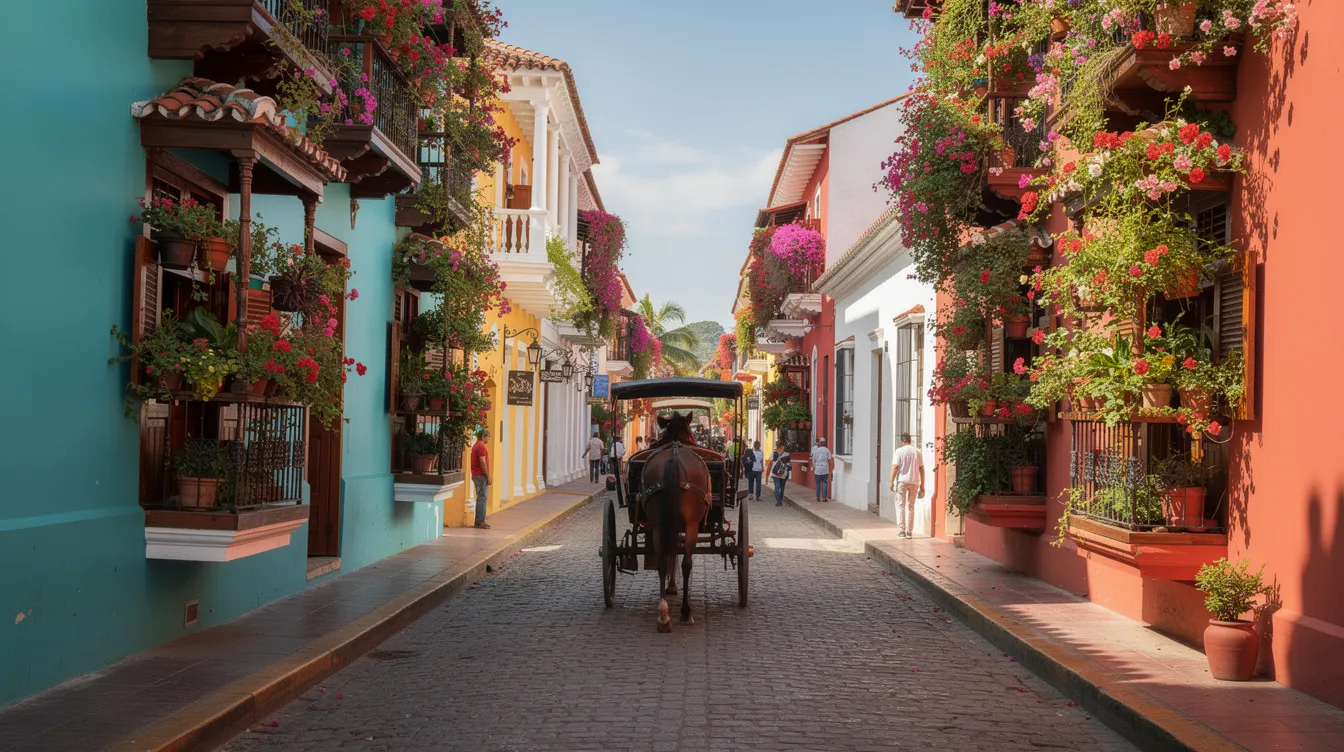 The image depicts a vibrant colonial street in Cartagena, adorned with flower-covered balconies and a horse carriage in the distance, showcasing the historic charm of the old city. This colorful scene captures the essence of local life, inviting visitors to explore the walled city and its picturesque streets.