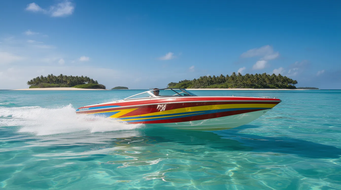 A vibrant speedboat glides through the serene blue waters of the Caribbean, with lush islands of the Rosario archipelago visible in the background, inviting travelers to explore and relax in this tropical paradise. This picturesque scene captures the essence of a perfect day spent in the sun, ideal for those planning a trip to enjoy the beaches and activities of Colombia.