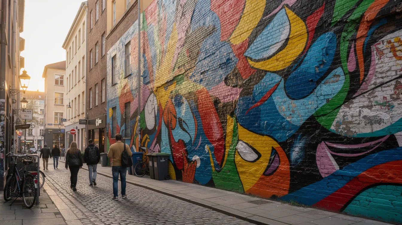 A vibrant mural adorns the wall of a building in a narrow street of Cartagena de Indias, showcasing colorful street art that reflects the city's rich culture. Pedestrians stroll past, enjoying the historic charm of the old town, as they explore the nearby attractions on a free walking tour.