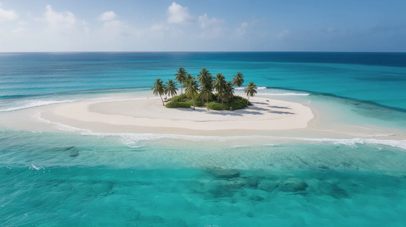 A tranquil scene of turquoise Caribbean water surrounds a small white-sand beach, adorned with a few palm trees on a tiny island, reminiscent of the beautiful beaches found in Cartagena de Indias. This picturesque spot invites visitors to relax and enjoy the stunning views of Colombia's Caribbean coast.
